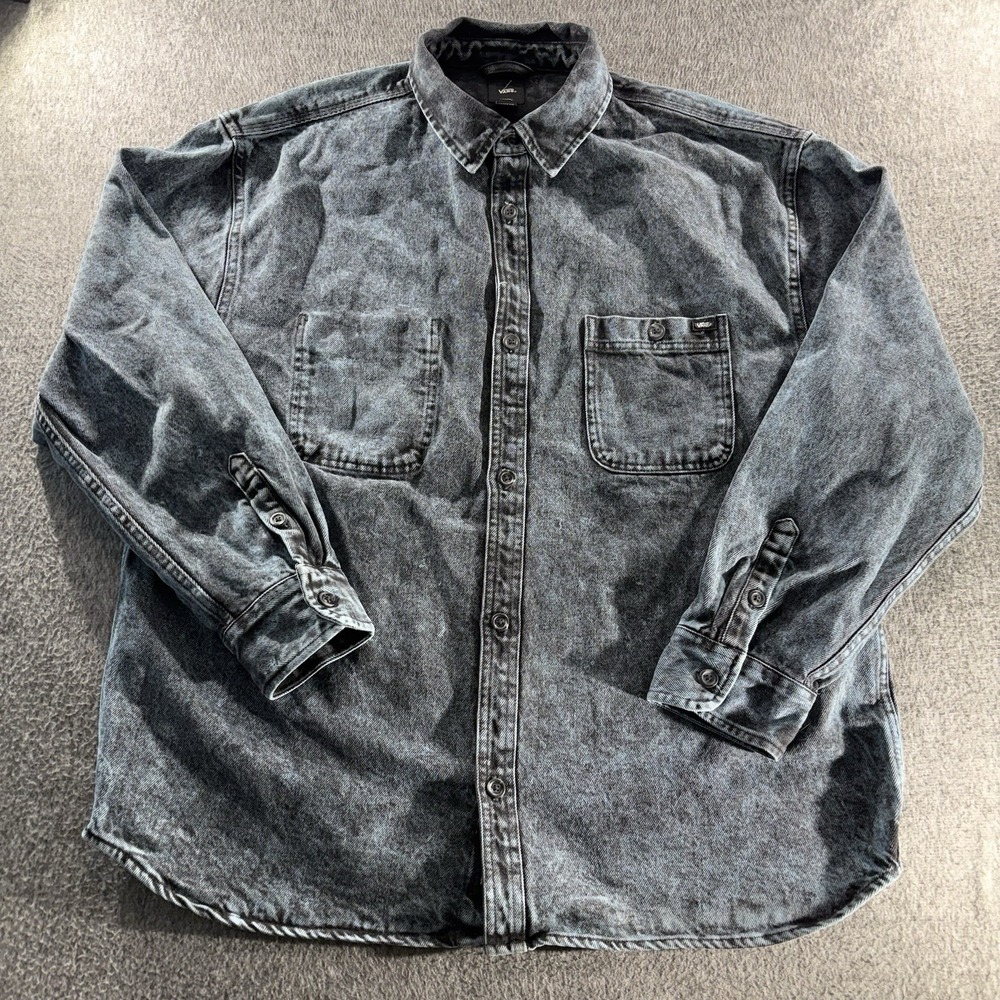 Vans Mens Loose Fit Acid Wash Denim Button Down Shirt Jacket Workwear XL